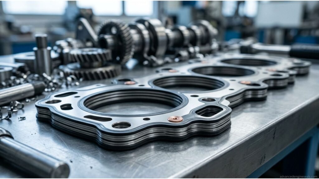 Multi layer steel head gasket showing multiple steel layers and elastomer coating.