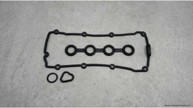 Close-up of a damaged valve cover gasket with oil leak on engine.