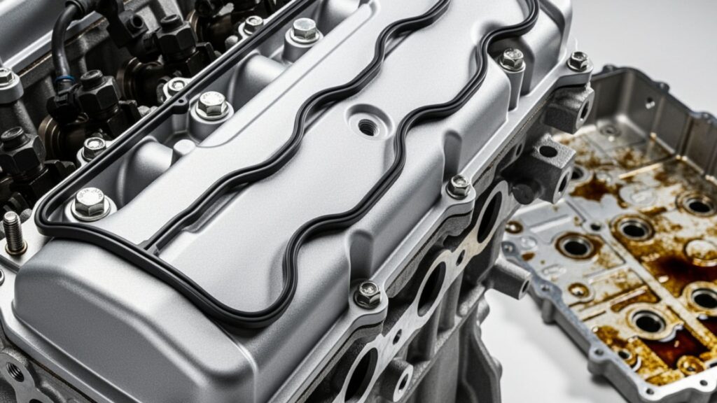 A worn valve cover gasket showing cracks and oil buildup — common cause of engine oil leaks.