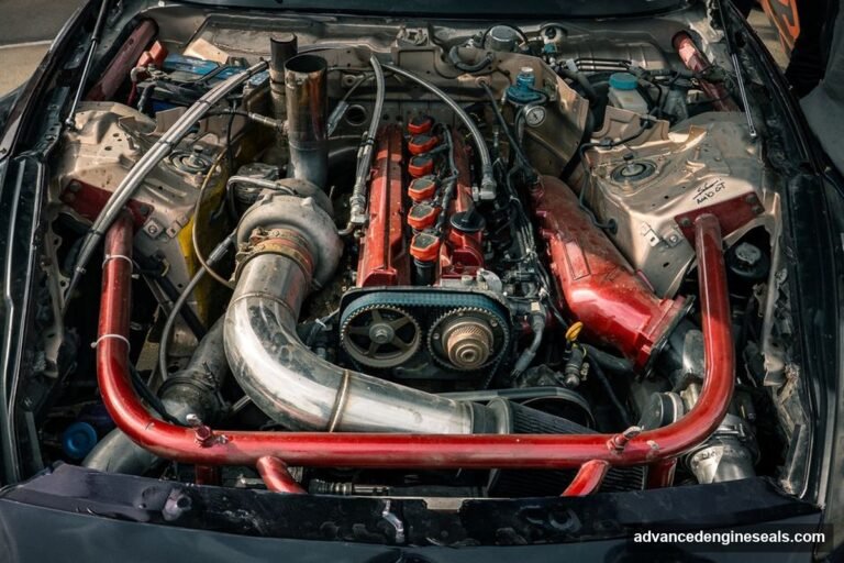A detailed view of a mechanic working on a car engine manifold, focusing on the gasket area with professional lighting