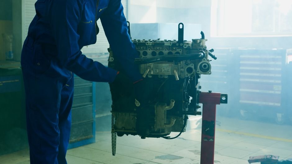A mechanic using an LED flashlight to inspect an engine oil leak at the transmission junction