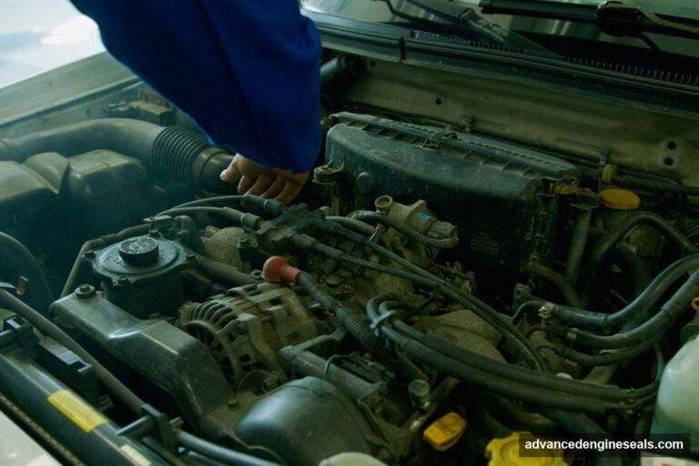 Professional mechanic diagnosing an oil leak on the bottom of a car engine in a well-lit workshop