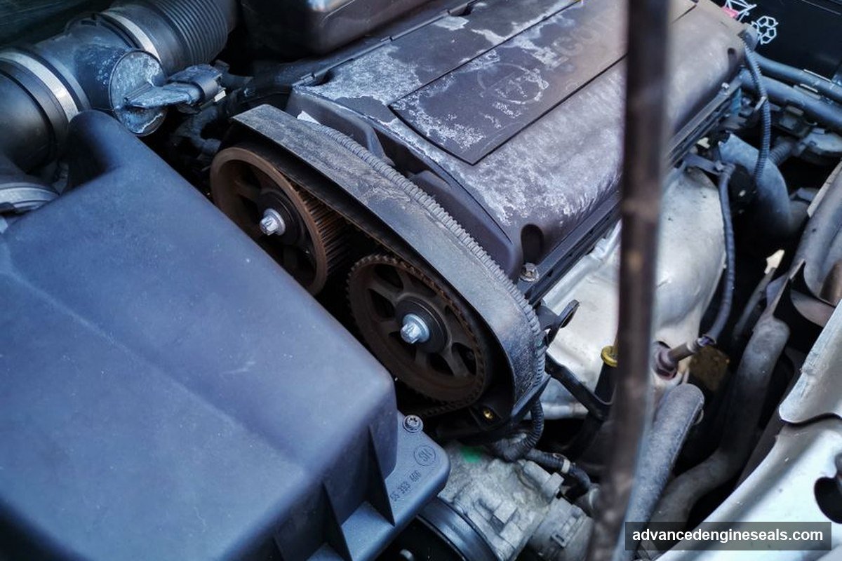 timing cover gasket leak close-up overview